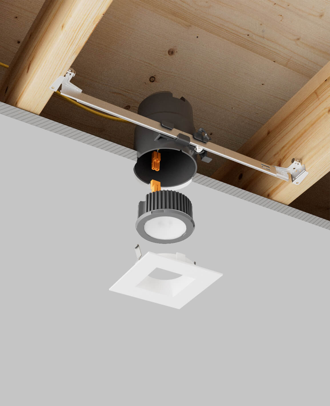 3" recessed light with bar hangers housing and square white trim 