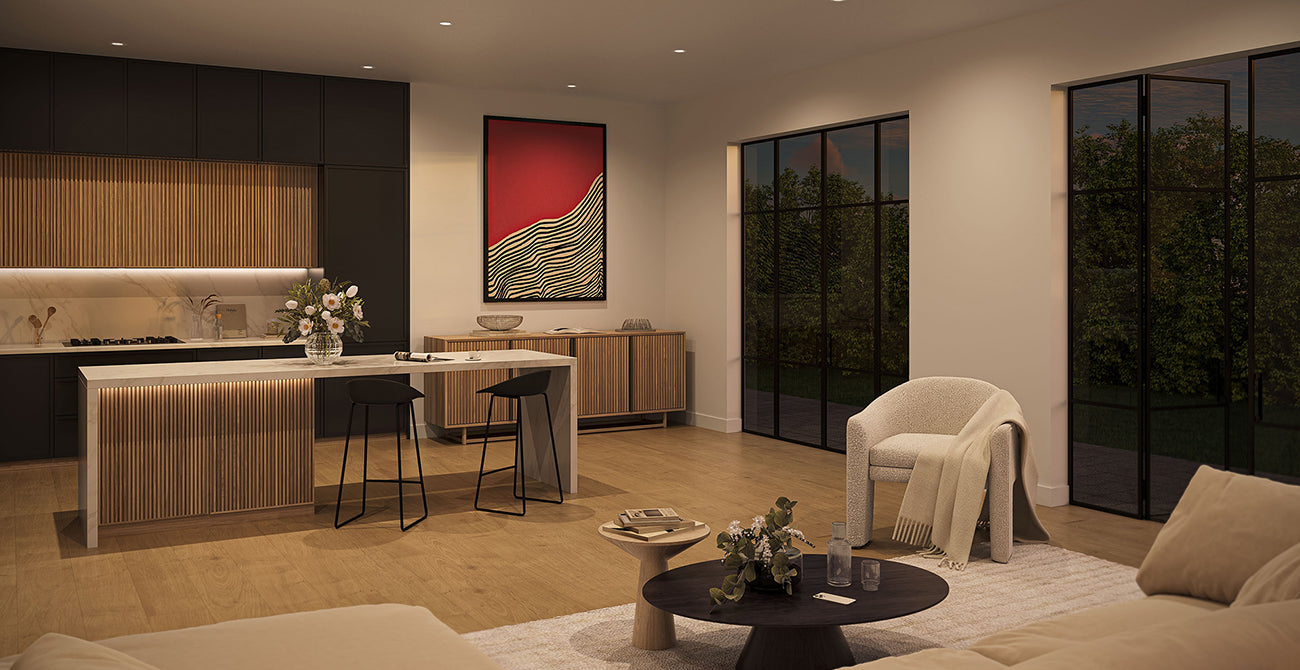 Living space featuring LUSA premium recessed lights with light dimmed